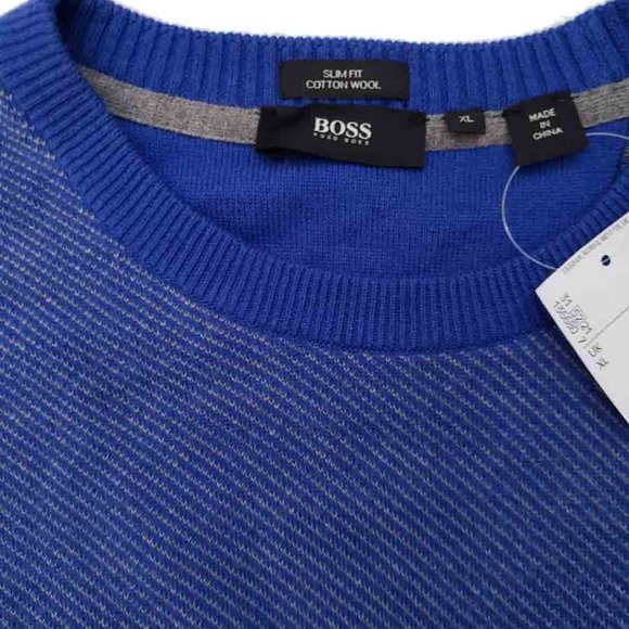 Hugo Boss Wool + Cotton Crewneck Sweater Blue Gray Subtle Stripes Size Slim XL - Picture 2 of 2